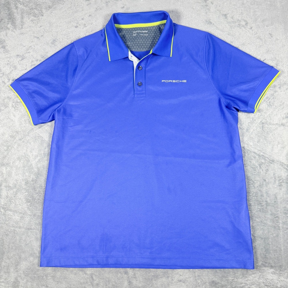 Porsche Drivers Selection Mens XL Polo Shirt Blue Neon Trim Racing